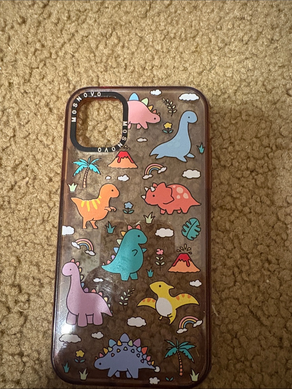 Brown Clear Phone Case with Multicolor Dinosaur Print + additional airpods case
